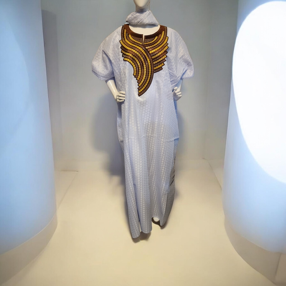 Light Blue Embroidered Maxi Dress with Gold Accent